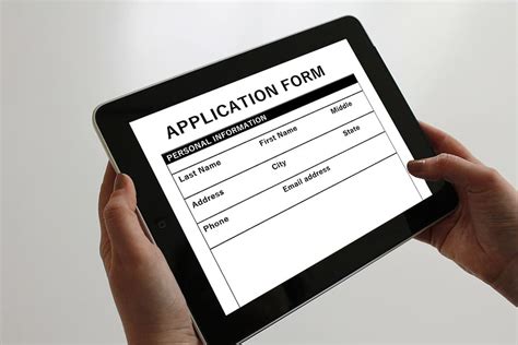 person, holding, tablet, displaying, application form, tablet computer