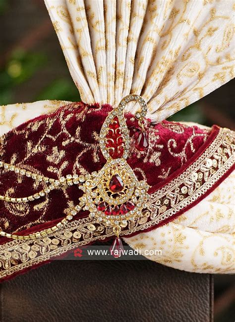 Off White And Maroon Groom Wear Safa For Wedding