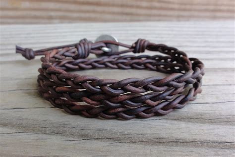 Braided Leather Wrap Bracelet Antique Brown Leather Cord Etsy