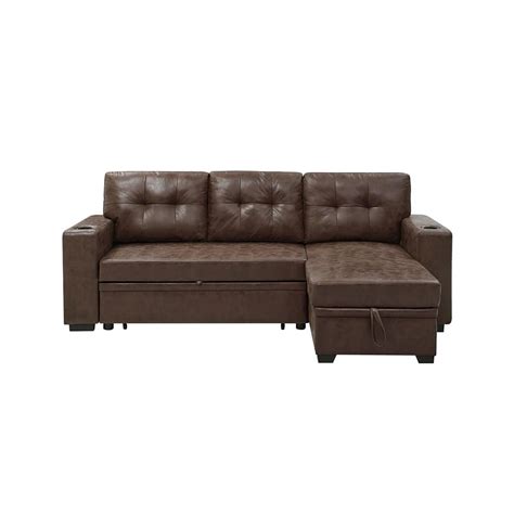 Pemberly Row Faux Leather Convertible Sectional Sofa In Dark Brown With