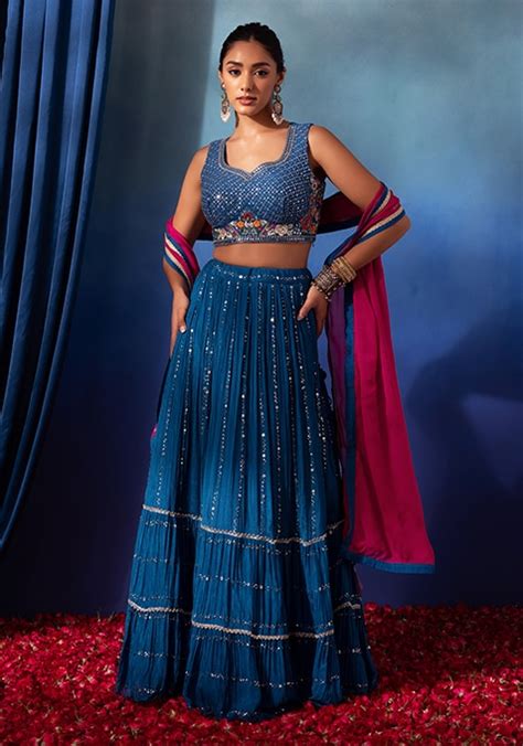 Buy Women Blue Embroidered Lehenga Set With Mirror Embroidered Blouse