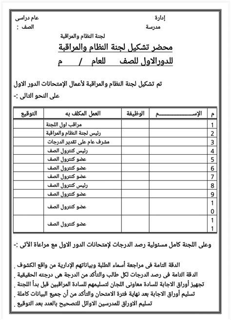 محضر تشكيل لجنه النظام والمراقبة 2021 حسب قرارات الوزاره