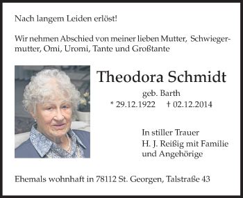 Traueranzeigen Von Theodora Schmidt Schwarzw Lder Bote Trauer