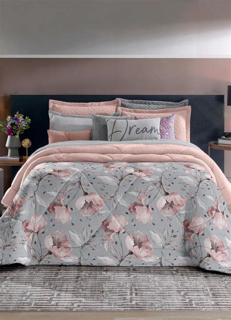 Edredom Plush Floral Cinza Queen 1 Peça Portal Lar Lazer