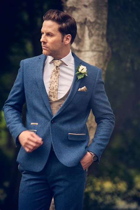 Marc Darcy Dion Tweed Herringbone Blue 3 Piece Suit Blue Tweed Wedding Suits Groom Blue Suit