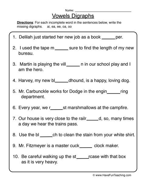 Free Vowel Digraphs Worksheets