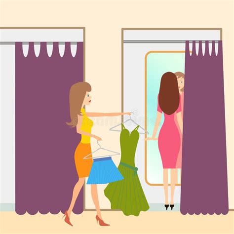 Two Girls In A Fitting Room Stock Vector Illustration Of Shopping