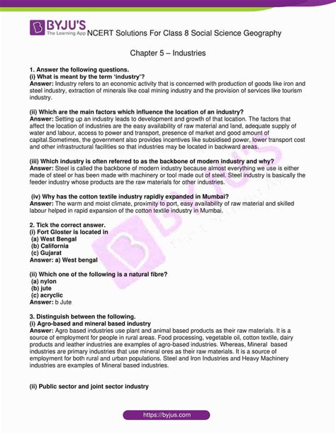 Ncert Solutions For Class 8 Geography Social Science Chapter 5 Industries