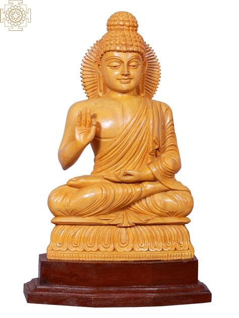 12" Buddhist Deity Gautam Buddha Seated On Pedestal | Wooden Statue ...