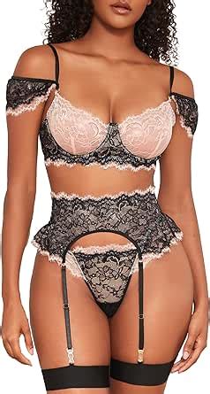 Amazon Eyelash Lace Bra And Panty Lingerie Set With Garter Belt Underwired Pieces