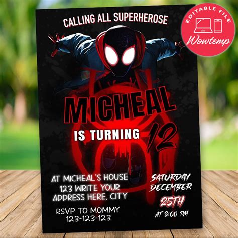 Editable Miles Morales Into The Spiderverse Birthday Invitation Wowtemp