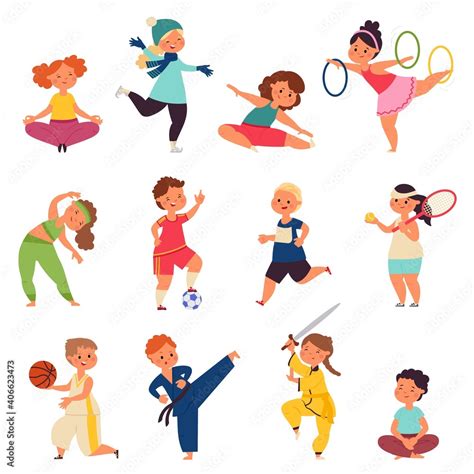 Different sport kids. Physical activity characters, small children doing exercise. Kid gym ...