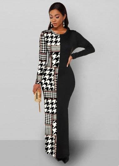 Round Neck Houndstooth Print Long Sleeve Dress Usd 32