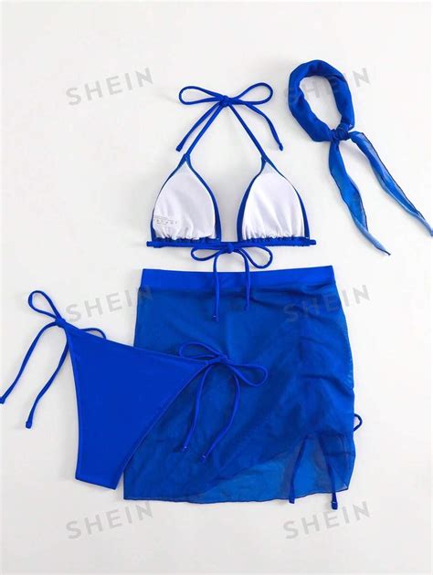 Shein Swim Basics Liso Ba Ador Bikini Tri Ngulo Halter Con Falda De