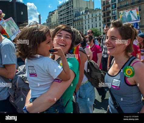 Paris France French Gay Same Sex Parents Mums With Babies At Gay Pride March LGBT Gay