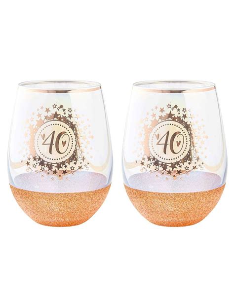 2pk Birthday 40th Glitter Stemless Wine Glass Rose Gold 600ml Drinking Tumbler W Lane