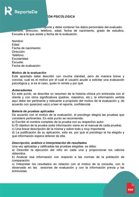 Reporte de evaluación psicológica ejemplos y formatos