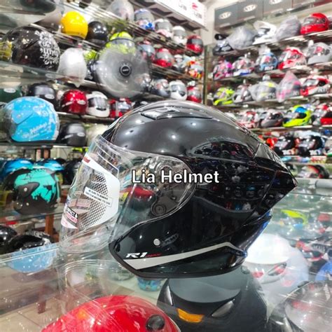 Jual Helm Half Face NHK R1 Max Double Visor Solid Black Glossy NHK