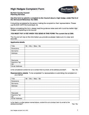 Fillable Online High Hedges Complaint Form Pdf Kb Durham County