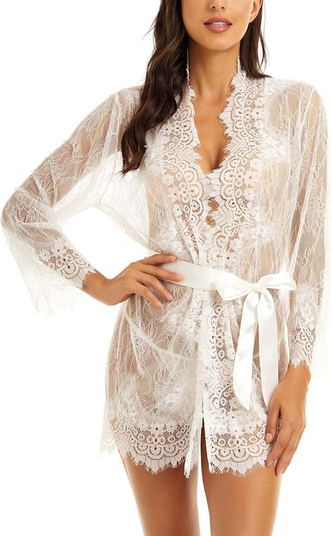 Lomitti Women S Eyelash Sheer Babydoll Sexy Lingerie Lace Kimono Robe Mesh Cover Up Dress S