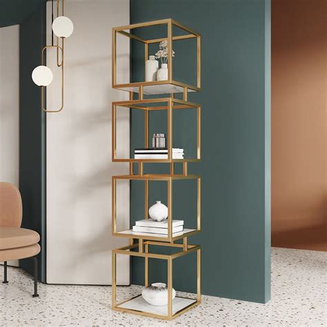 63 Narrow Gold Shelf Metal Tower Display Shelf Cube Bookcase Gold