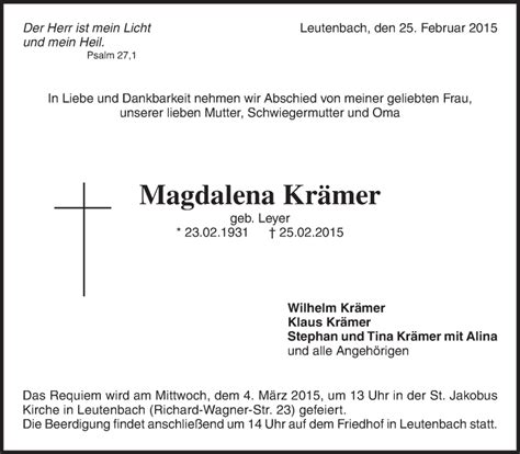 Traueranzeigen von Magdalena Krämer ZVW Trauer