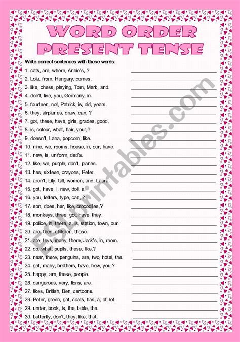 Word Order Present Tense Esl Worksheet By Sictireala8