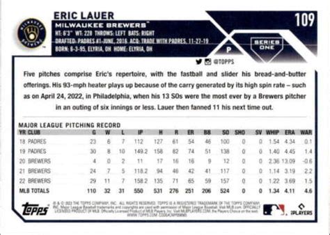 2023 Topps 109 Eric Lauer Nm Mt Brewers Id58156 Ebay