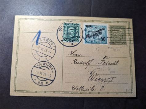 1928 Czechoslovakia Airmail Overprint Postcard Cover Brno To Vienna I