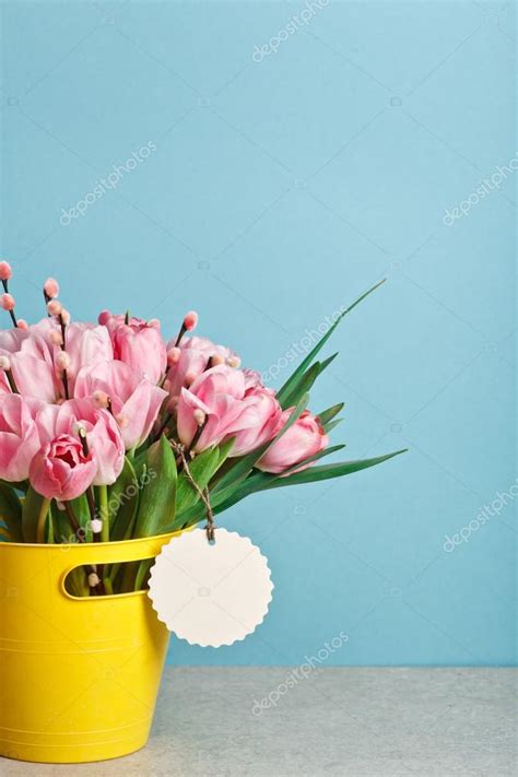 Bouquet Of Pink Fresh Tulips With Pussy Willow In Yellow Bucket Stock Photo DenisenkoMax