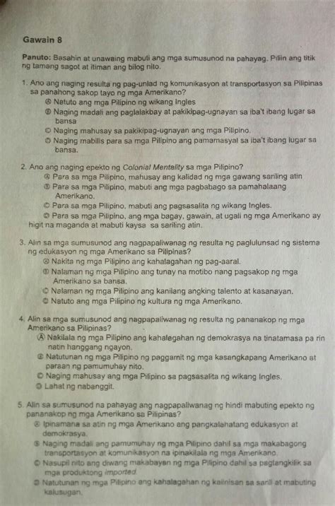 Gawain 8 Panuto Basahin At Unawaing Mabuti Ang Mga Sumusunod Na Pahayag