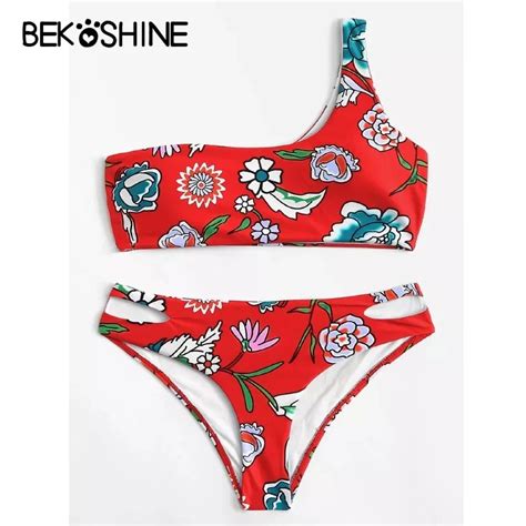 BEKOSHINE Red 수영복 Push Up Bathing 한 벌 Biquini 꽃 Swimsuit Bikini Set Women 패딩 Beach 착용 저