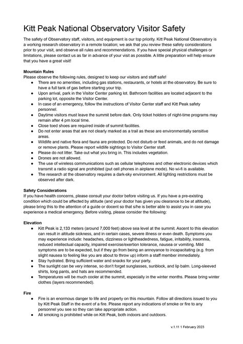 Technical Document: Specific Safety regulations: Kitt Peak, Tucson