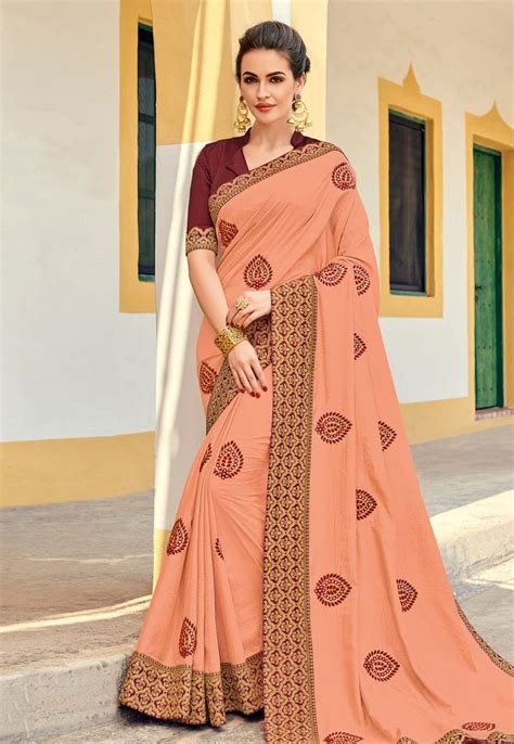 Peach Art Silk Embroidered Festival Wear Saree 165297 Festival Wear