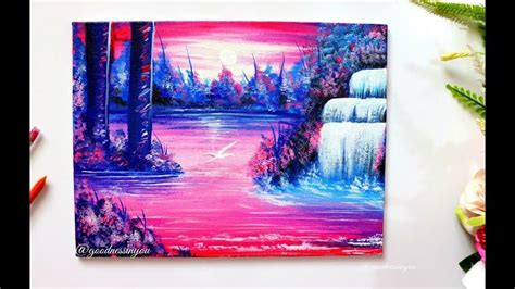 Step by Step Moonlight Waterfall Painting for Beginners | Waterfall ...