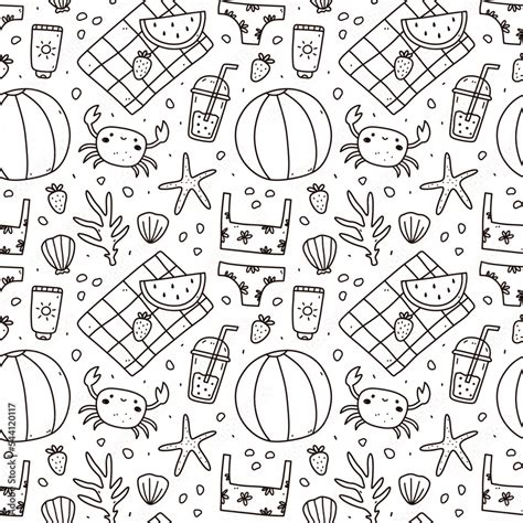 Cute Seamless Pattern With Summer Doodles Beach Ball Bikini Sunscreen Fruits Crabs Corals