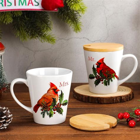 Layhit 2 Pcs Christmas Cardinal Mr And Mrs Mugs With Lids Porcelain Winter Couple