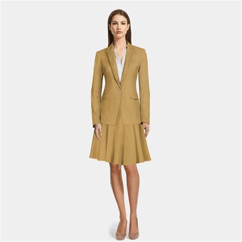 Camel Cotton One Button Flared Skirt Suit With Peak Lapels Sumissura