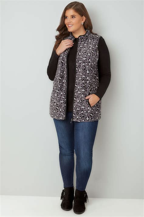 Black & Grey Animal Print Fleece Gilet, Plus size 16 to 36