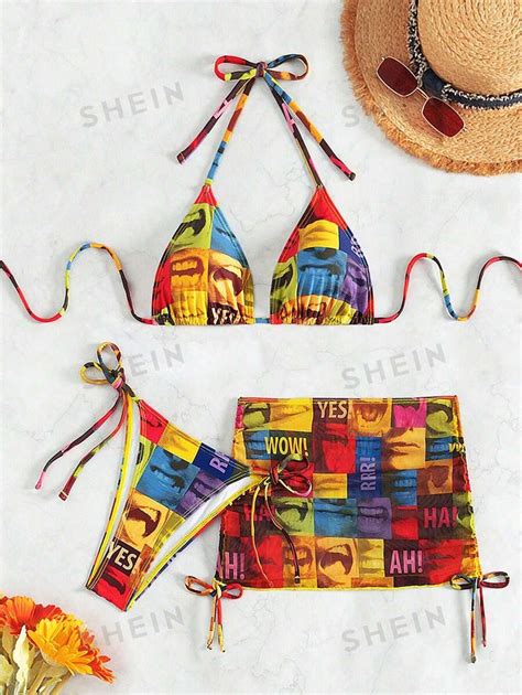 SHEIN Swim Conjunto De Bikini De Cuello Halter Con Estampado De Bloques