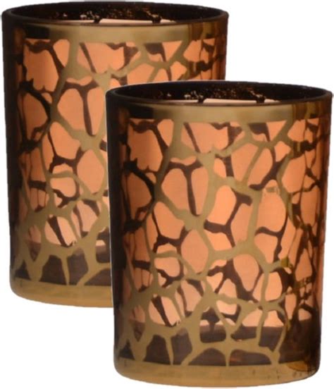 2x Stuks Theelicht Waxinelichthouders Giraffe Print Glas Goud 12 5 X 10