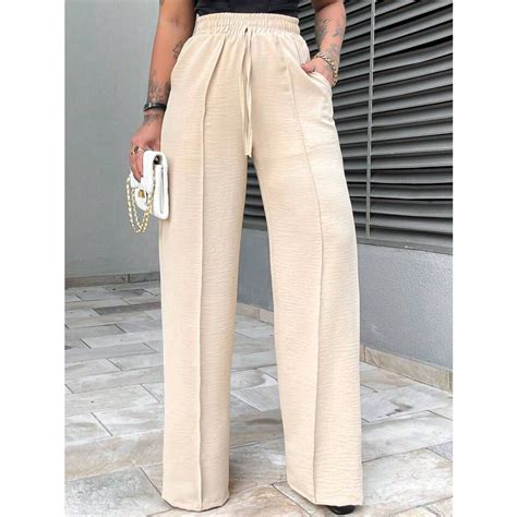 Cal A Pantalona Wide Leg Feminina El Stico E Bolso Cintura Alta E