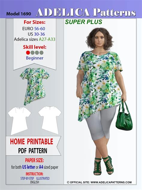 Adelica Pattern Super Plus Size Asymmetrical Hemline Tunic Sewing