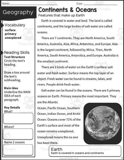 Oceans And Continents Reading Packet Worksheets Library