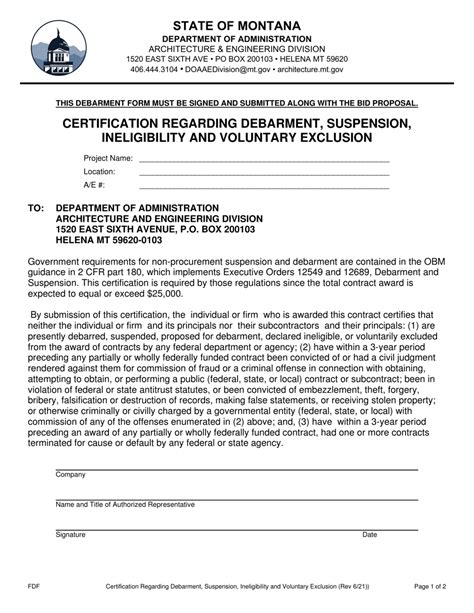 Montana Certification Regarding Debarment Suspension Ineligibility