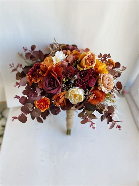 Bridal Bouquet Burnt Orange Burgundy Faux Wedding Bouquet Etsy