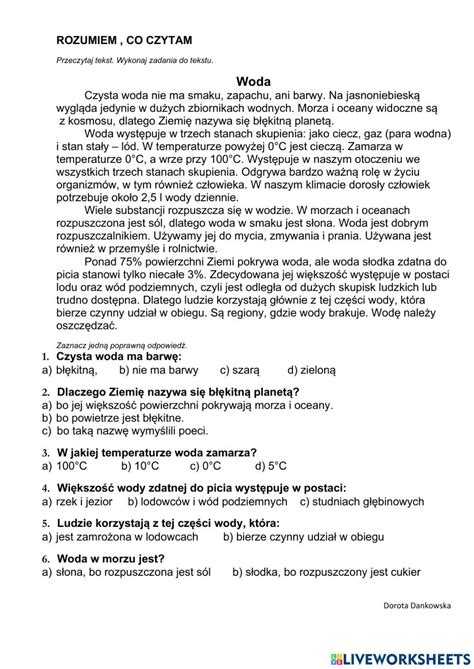 Czytanie Ze Zrozumieniem Tekstu Woda Online Worksheet For You Can Do