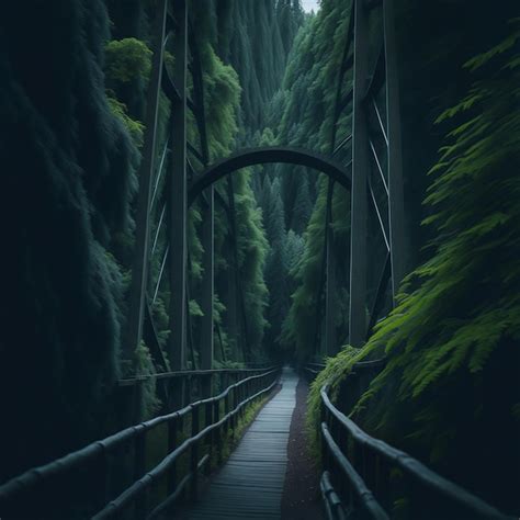 Premium AI Image | A bridge in a dark forest with a bridge in the middle of it.