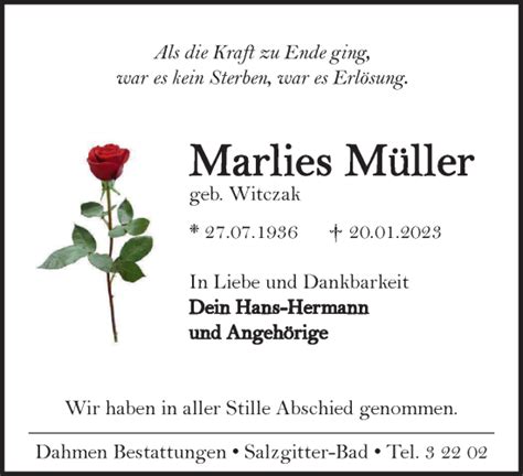 Traueranzeigen von Marlies Müller trauer38 de