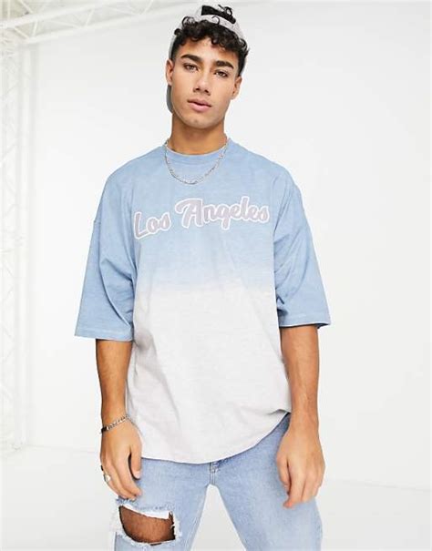 Asos Design Oversized T Shirt In Grey And Blue Dip Dye With Los Angeles